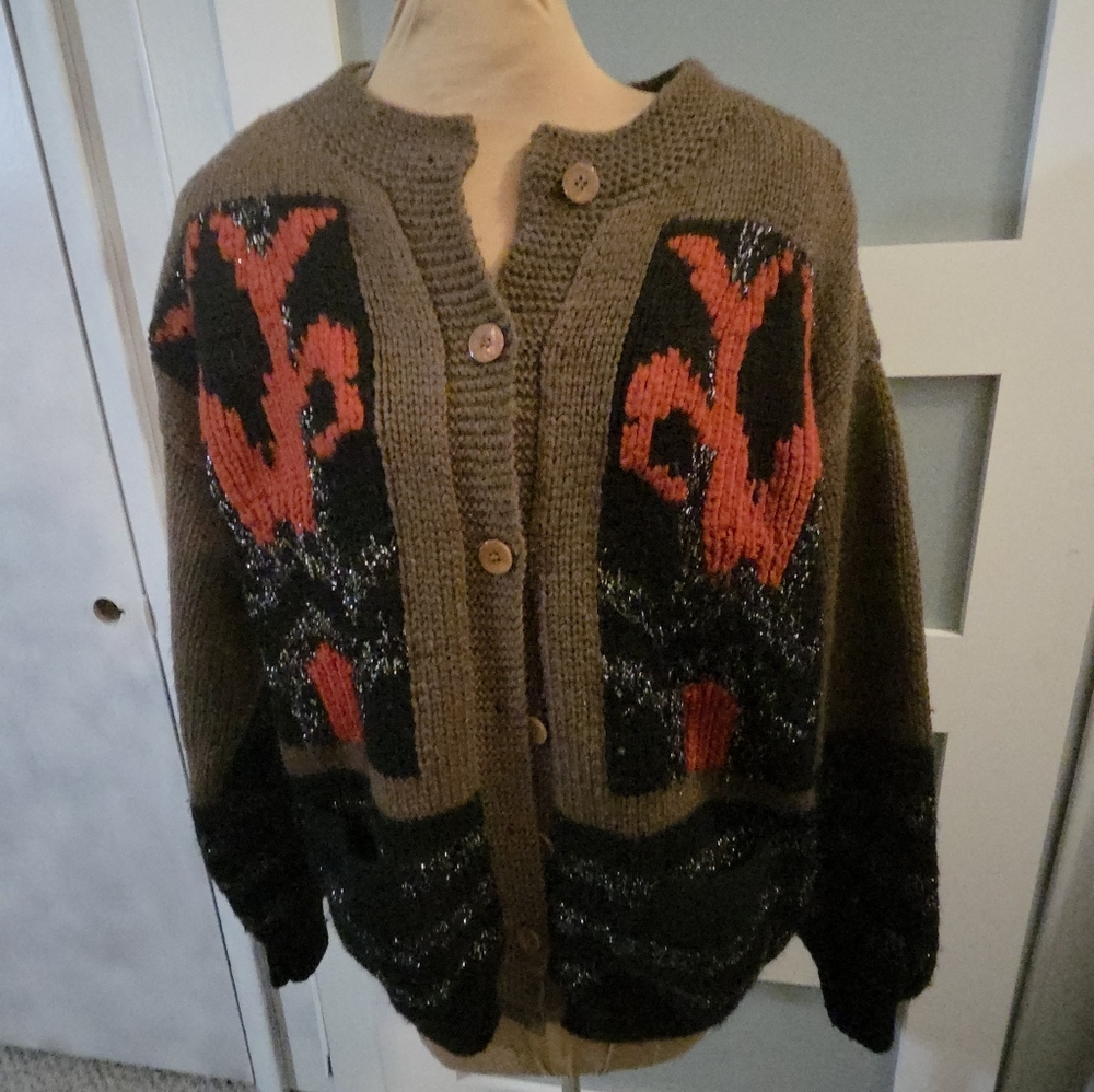 Vtg NOVO Sweater Mens Womens Wool Cotton Cable  Geometric Cardigan 80s Red Black
